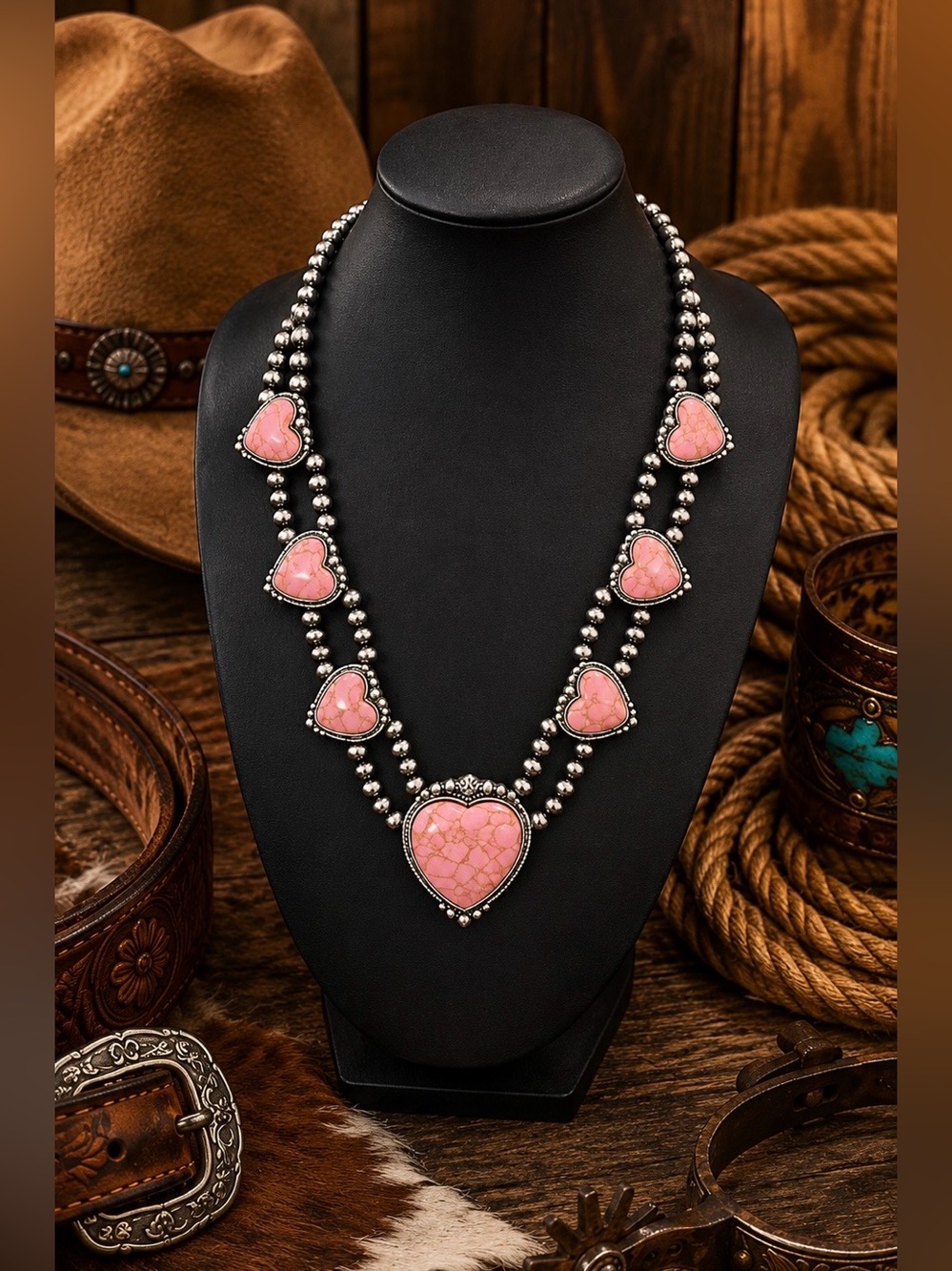 Southwest Western Faux Pink Conch Shell Heart Beaded Costume Bib Necklace